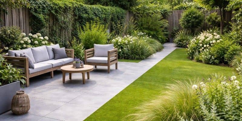 Afbeelding van Groen en keramische tegels mooi combineren in de tuin