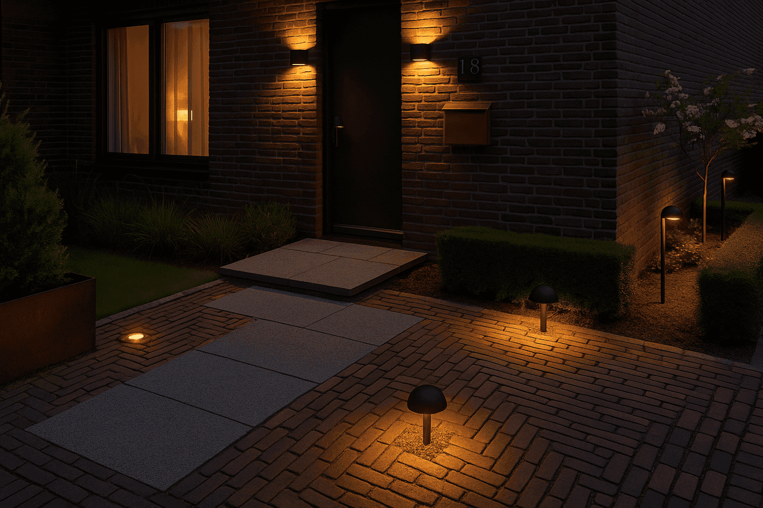 Afbeelding van Een sfeervolle voortuin met tegels en verlichting